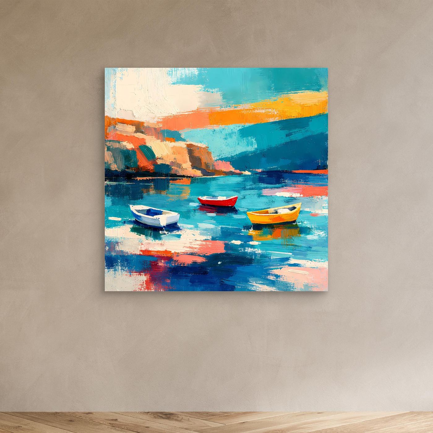 Abstraktes Leinwandbild mit Hafen und drei Booten, Farbflächen in Türkis