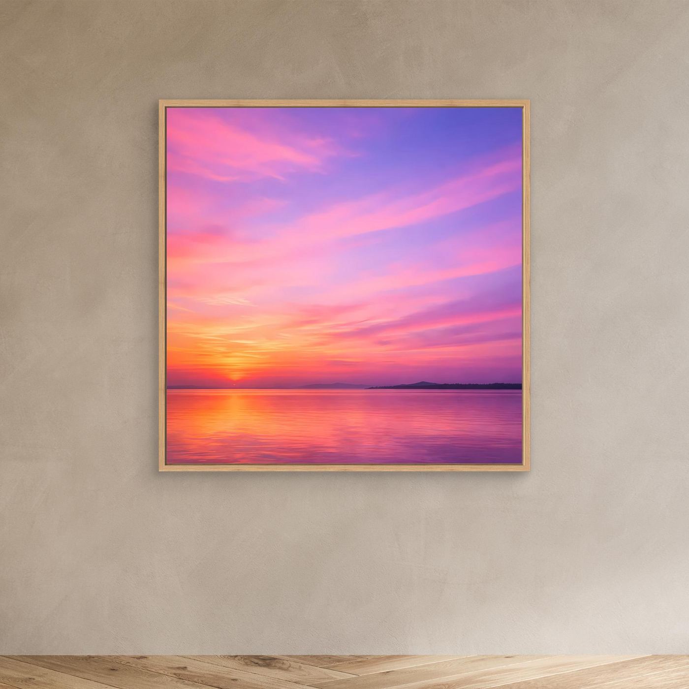 Leinwandbild „Pastel Sunset“ mit Eichenrahmen, Pastell-Sonnenuntergang und spiegelnder Wasserfläche.
