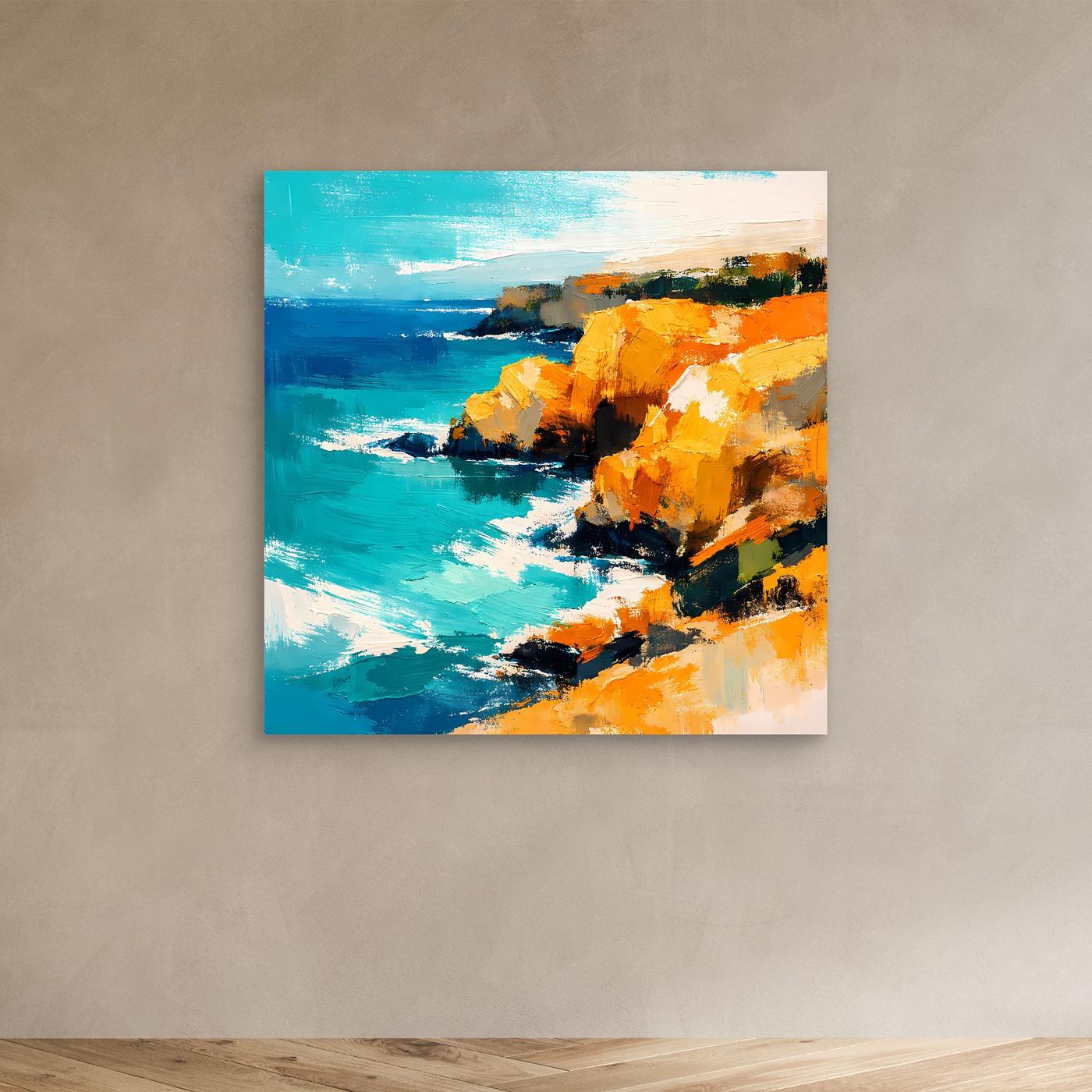 Leinwand Abstraktes Steilküsten Gemälde | Modernes Mediterranes Meeres Wandbild Blau Gelb