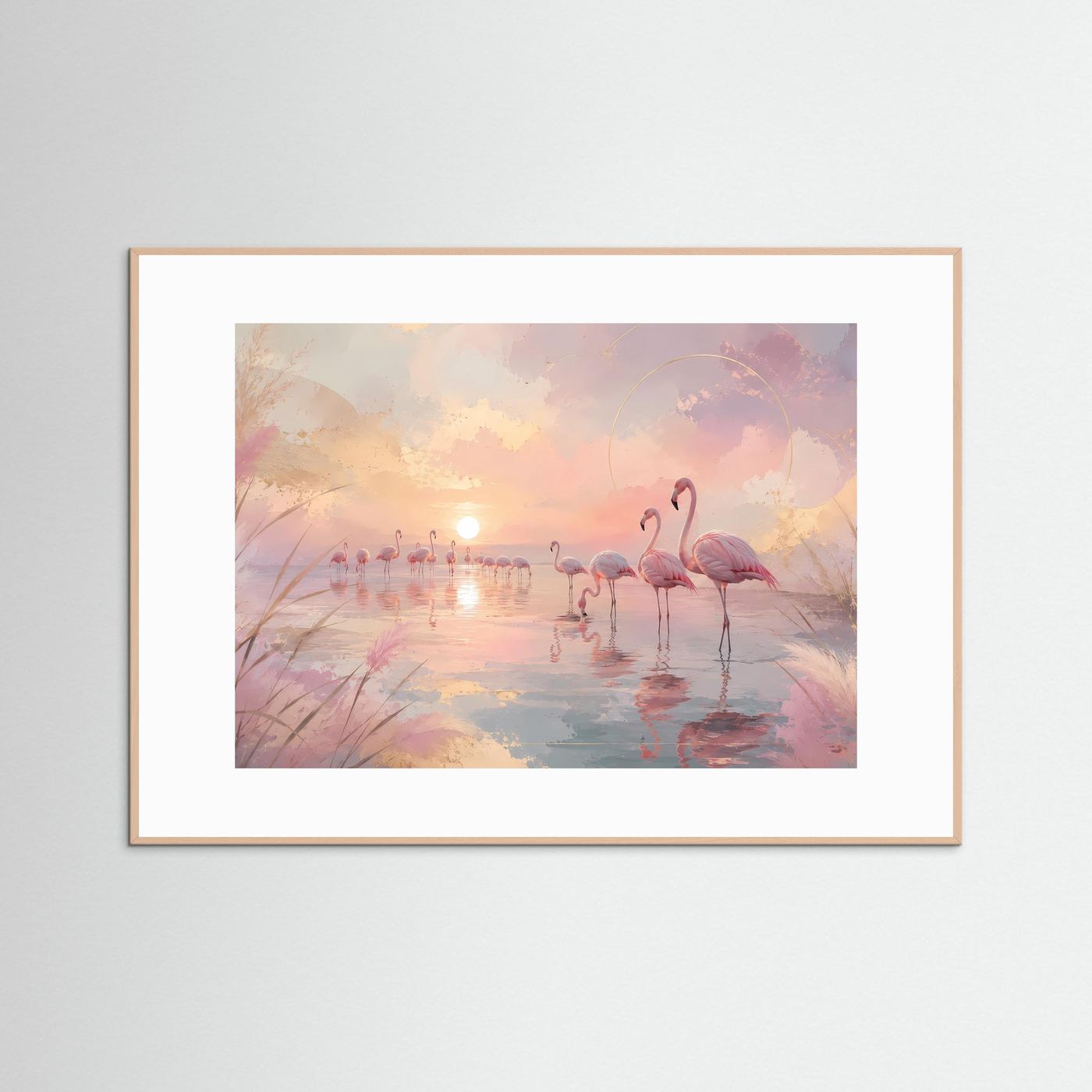 Flamingos im Sonnenuntergang | Pastell Wandbild mit Rosa Flamingos | Abstrakte Küstenlandschaft | Modernes Leinwandbild | Premium Poster