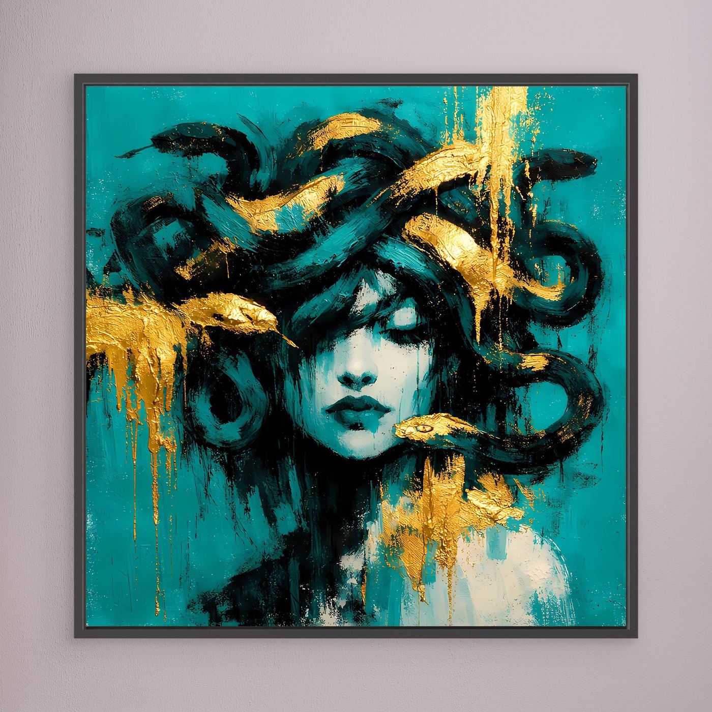 Leinwand Mythische Medusa in Türkis und Gold | Abstraktes Gorgonen Wandbild