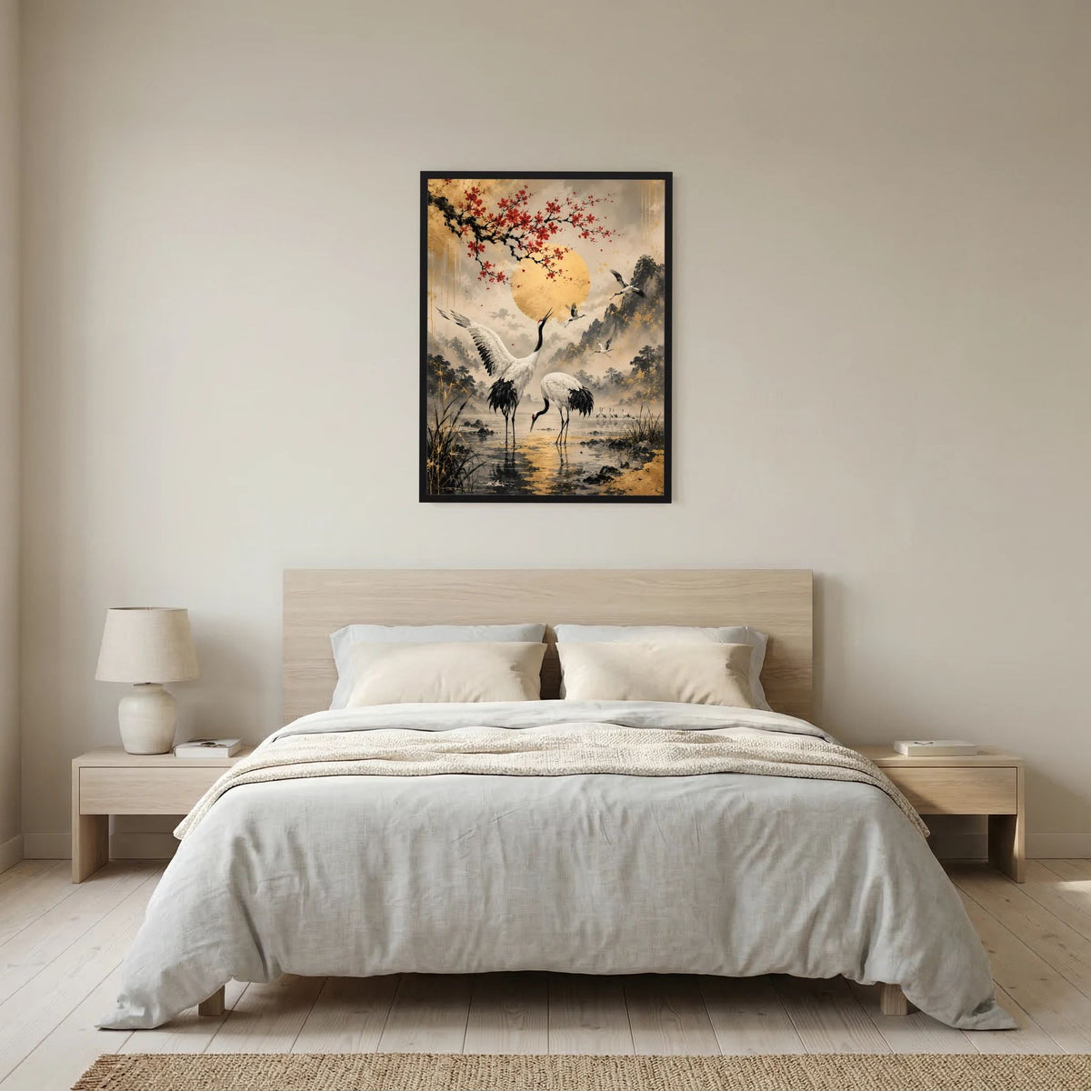 Gerahmtes Poster mit Kranichen, goldener Sonne und roten Blüten im japanischen Landschaftsstil