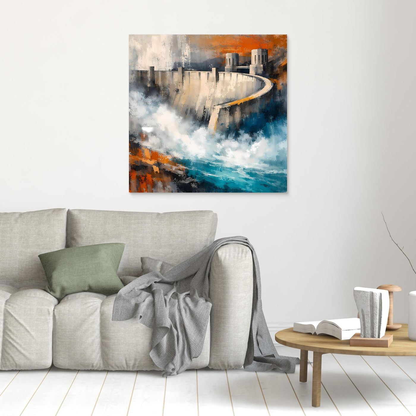 Abstraktes Leinwand-Wandbild Talsperre, orangefarbene Akzente und blauer Wasserstreifen