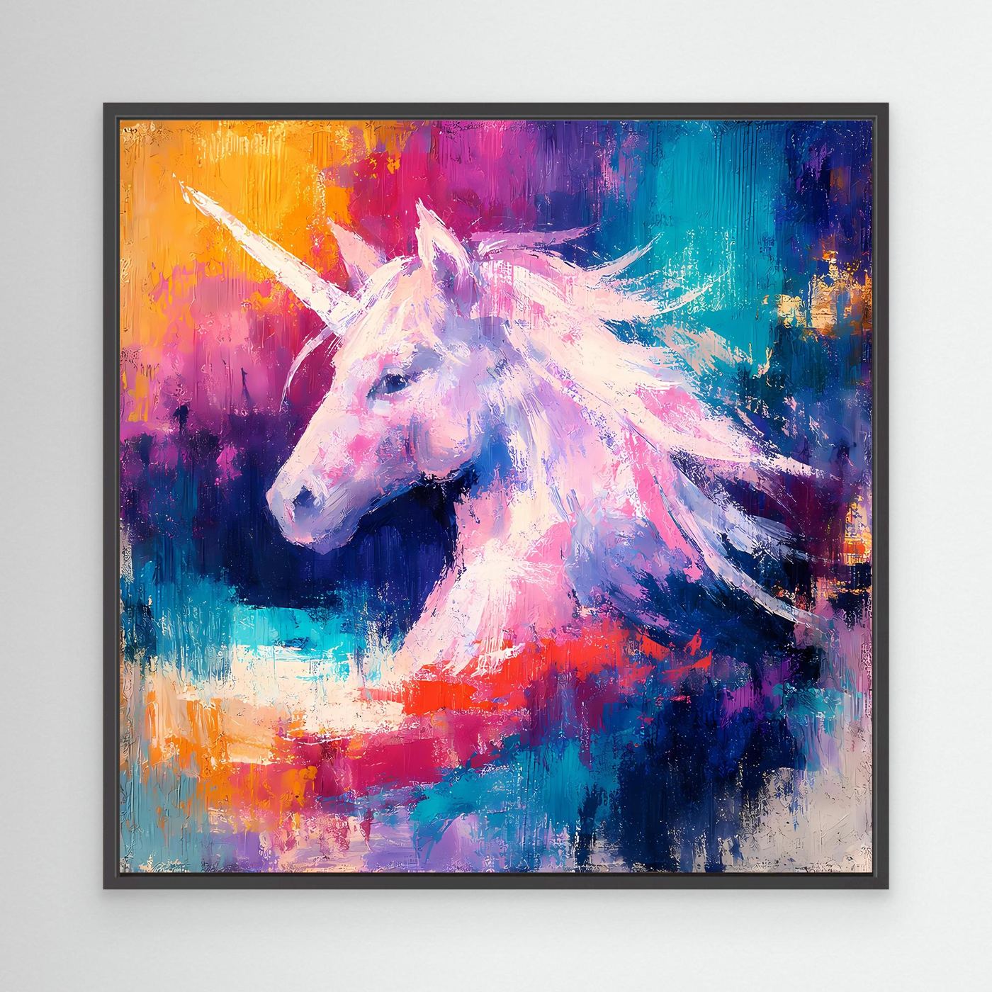 Leinwand Elegantes Einhorn im Farbenmeer | Abstraktes Fantasy & Pastell Wandbild