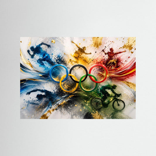 Wandbild mit olympischen Ringen in farbiger Spritzgrafik, ohne Rahmen