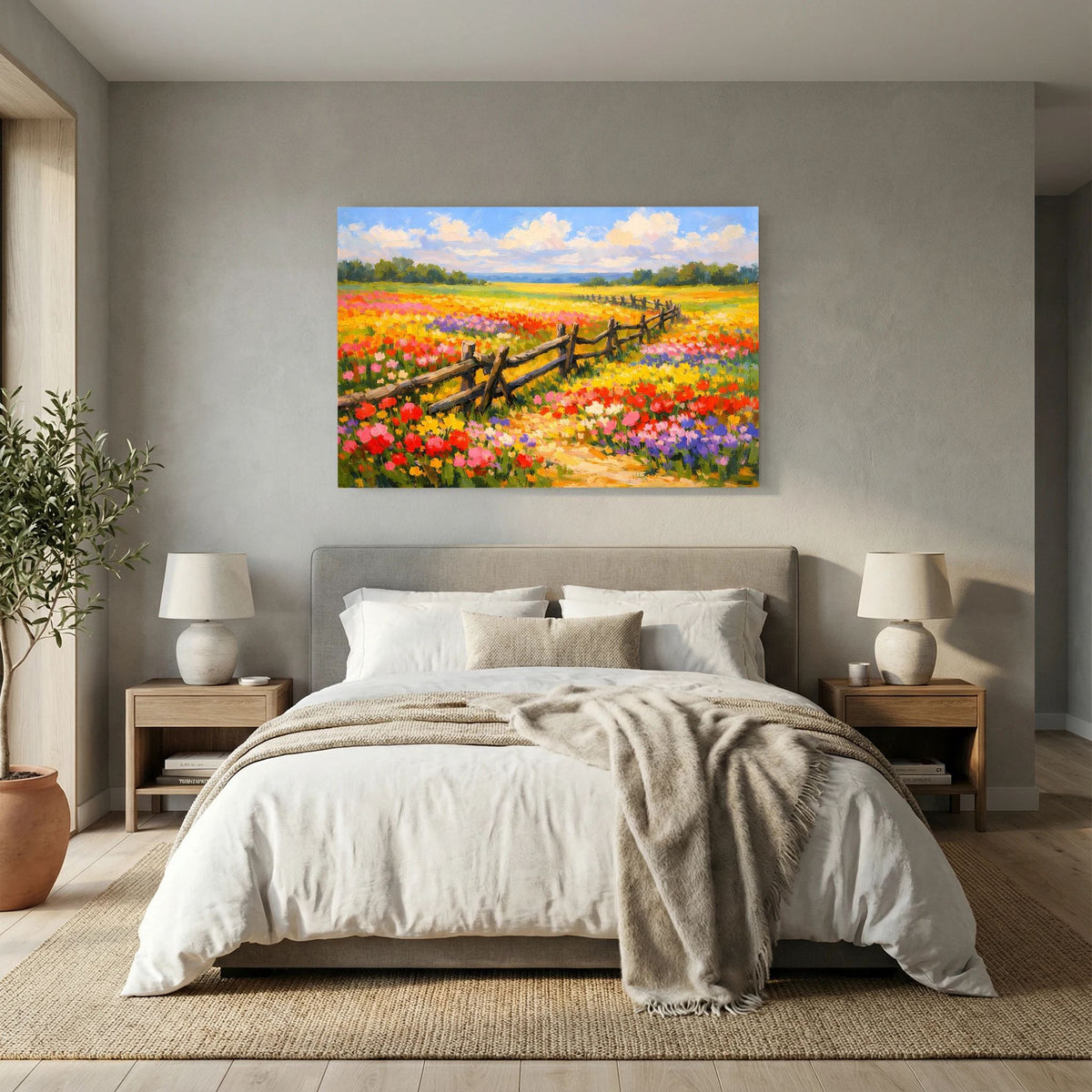 Querformatiges Wandbild mit Sommerblumenwiese, bunten Feldern und Holzzaun