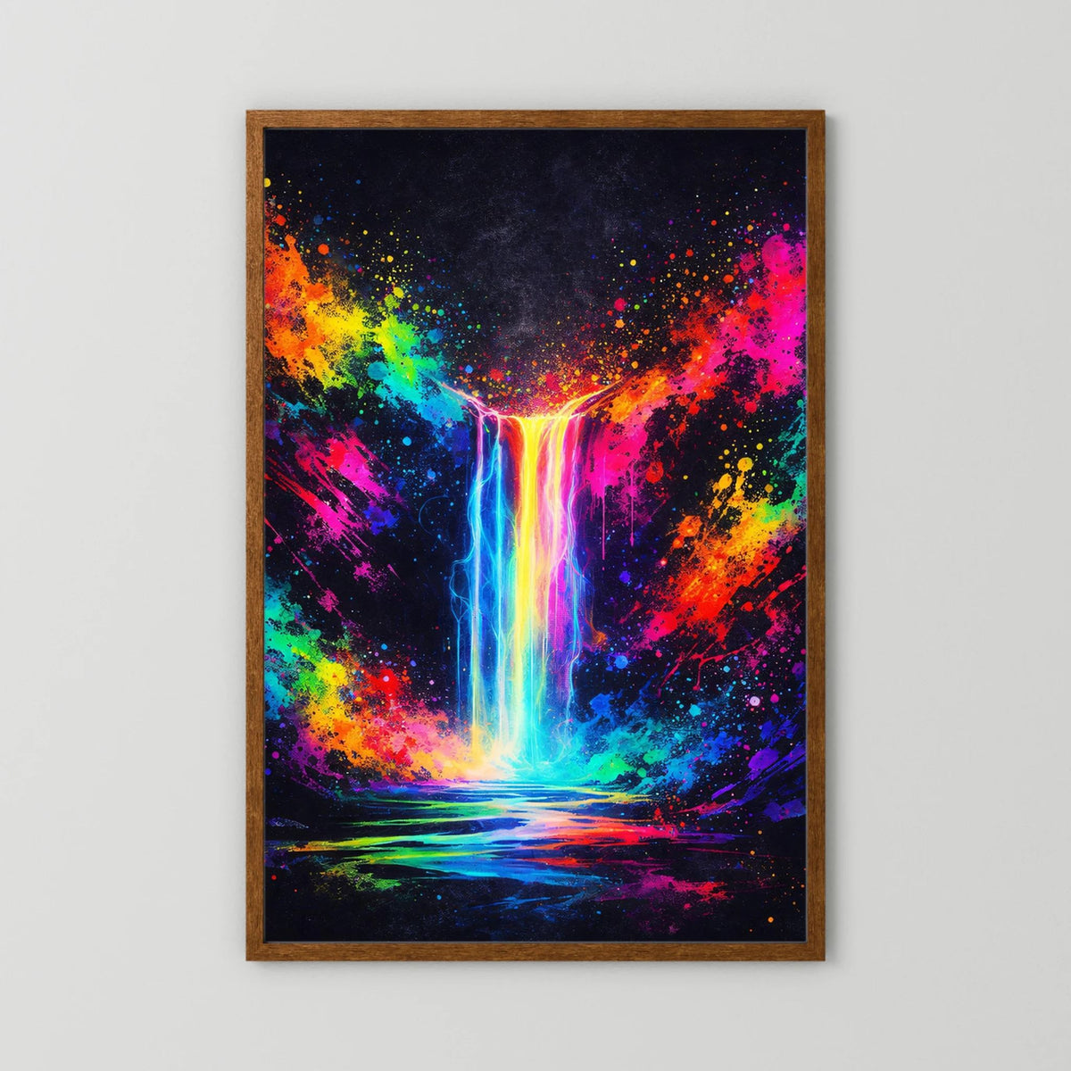 Neon-Wandposter mit abstraktem Wasserfall, Holzrahmen braun, Regenbogenfarben, Hochformat