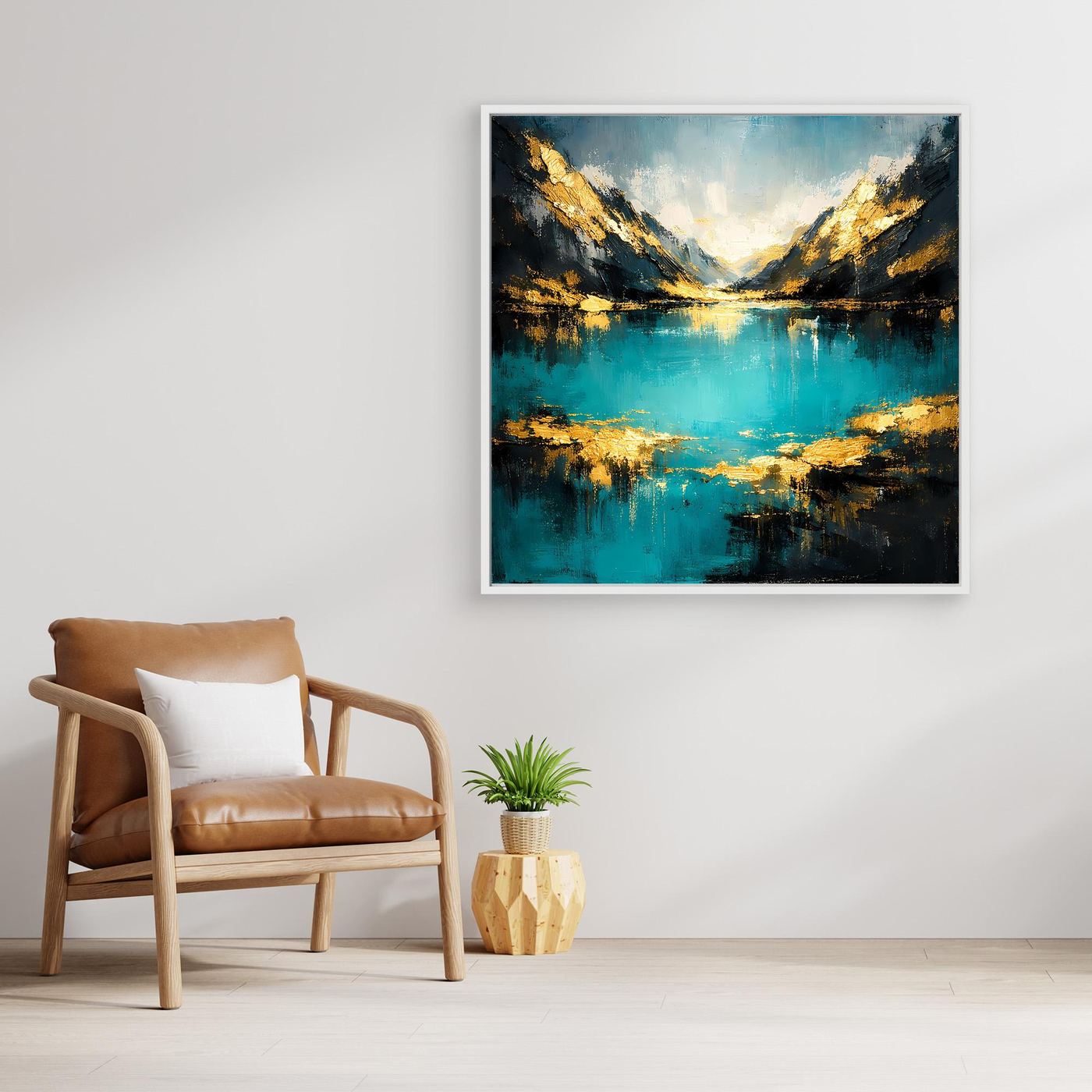 Abstraktes Leinwand-Wandbild: türkisblauer Bergsee mit goldenen Akzenten, silberner Rahmen