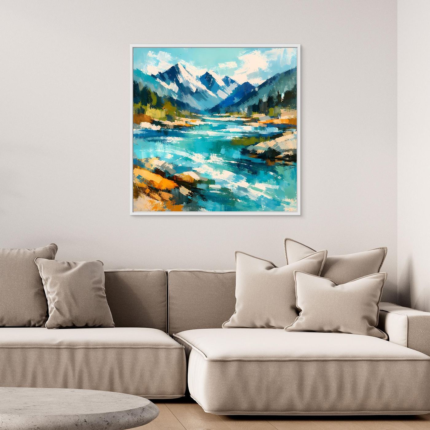 Abstraktes Leinwand-Wandbild mit Berglandschaft und Fluss im weißen Rahmen, türkis/blau