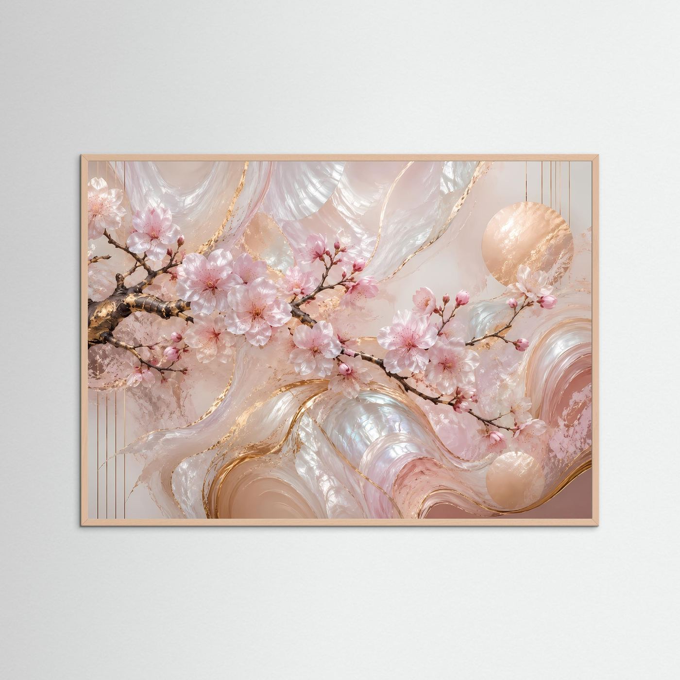 Abstraktes Sakura-Poster mit rosa Blüten und goldenen Wirbeln, Rosé-Holzrahmen, Querformat