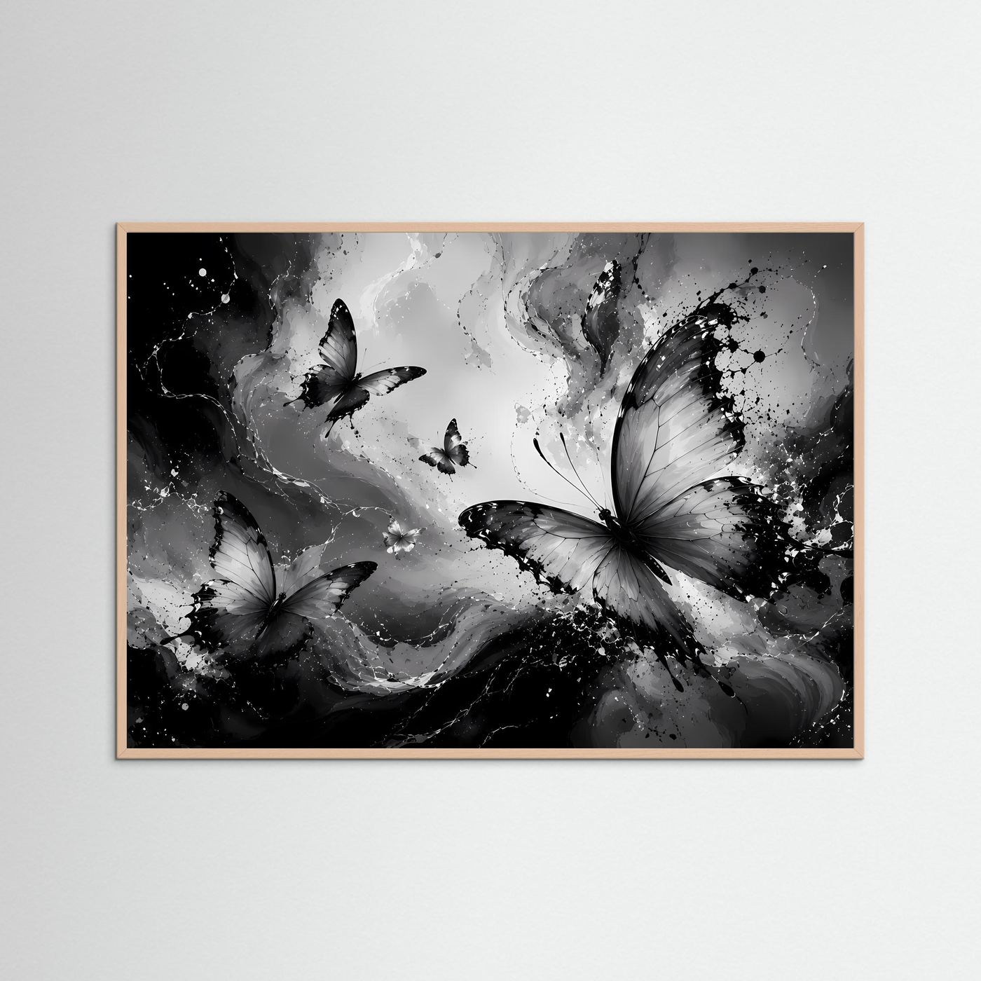 Schmetterlinge Schwarz Weiß Poster Querformat | Abstrakte Butterfly Wandkunst Modern | Monochrome Leinwandkunst