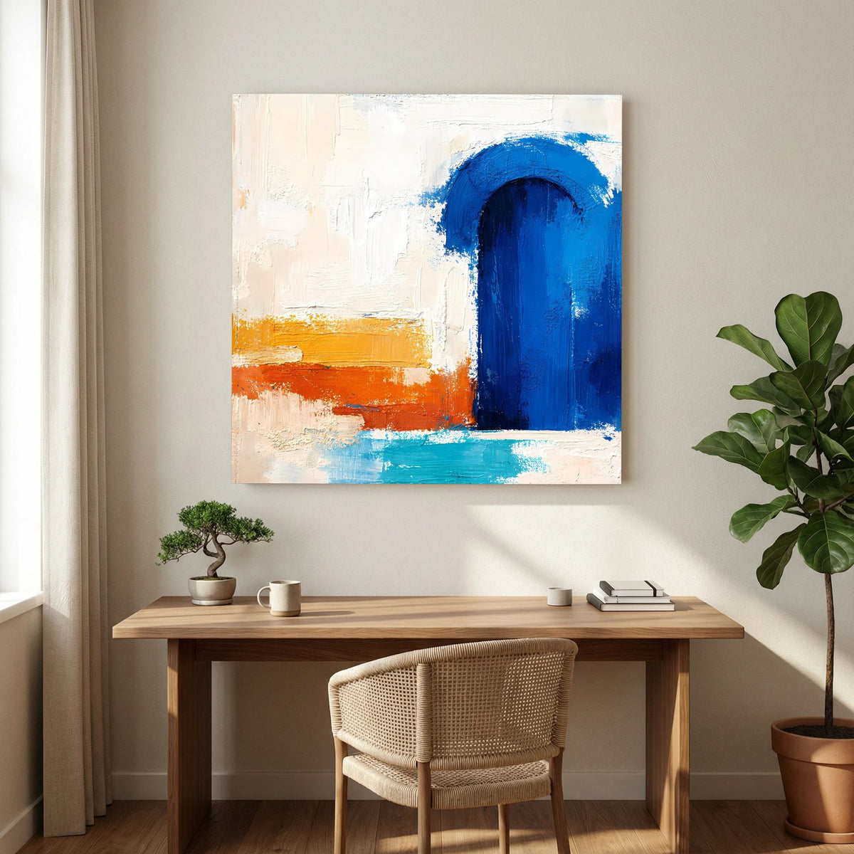 Weiß gerahmtes Leinwandbild mit blauem Torbogen über orangefarbenem Balken