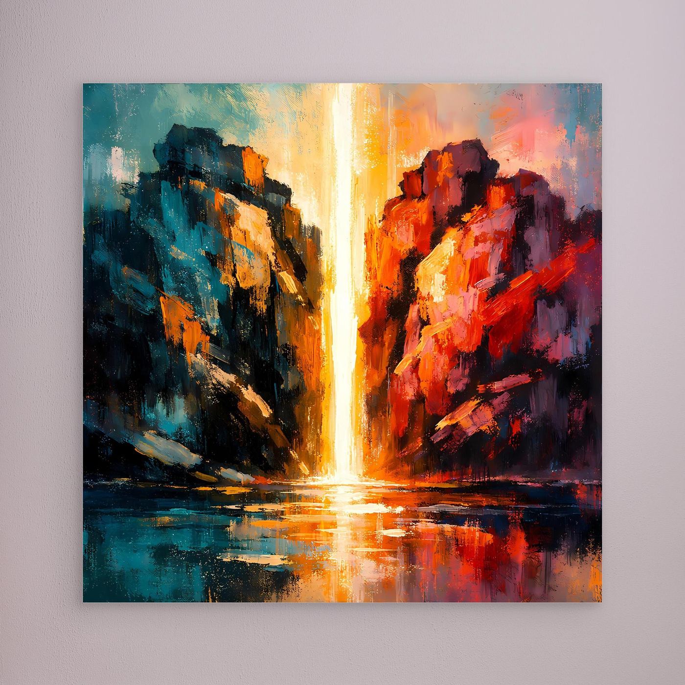 Premium Leinwand Magischer Lichtwasserfall im Canyon | Abstraktes Natur Wandbild farbenfroh