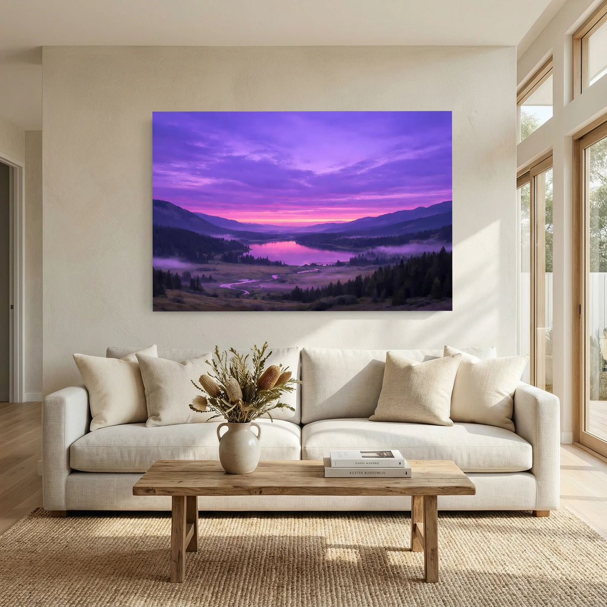 Wandposter im Querformat: Sonnenuntergangslandschaft mit Fluss, Nebel und Bergen