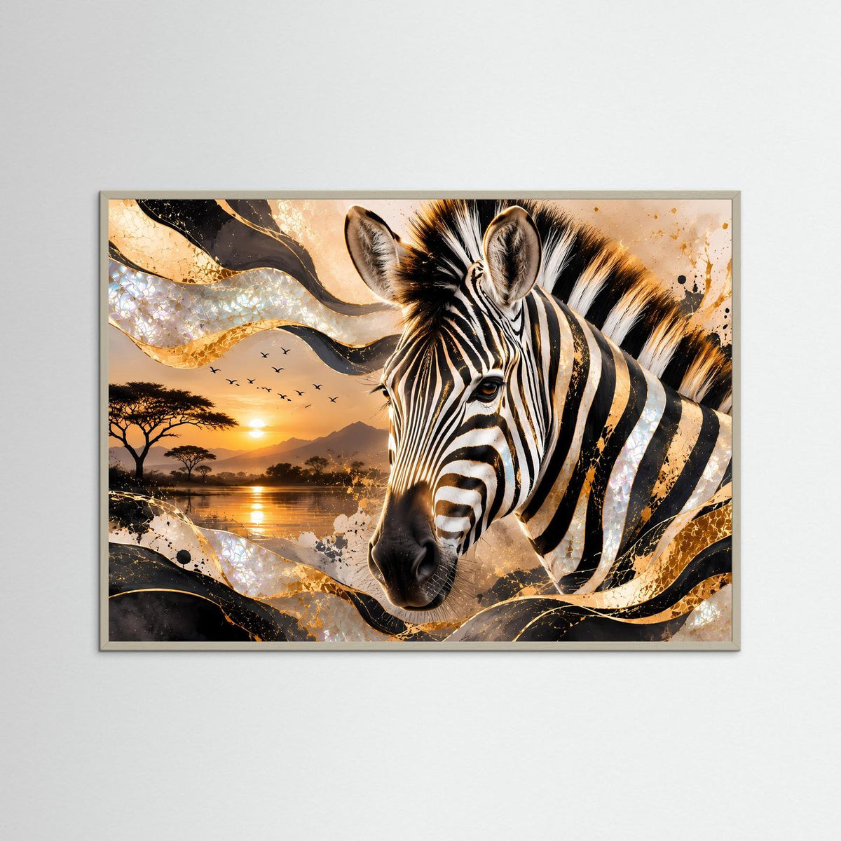 Gerahmte Wandkunst: Zebra-Porträt in Schwarz, Weiß, Gold und Perlmutt im grauen Rahmen