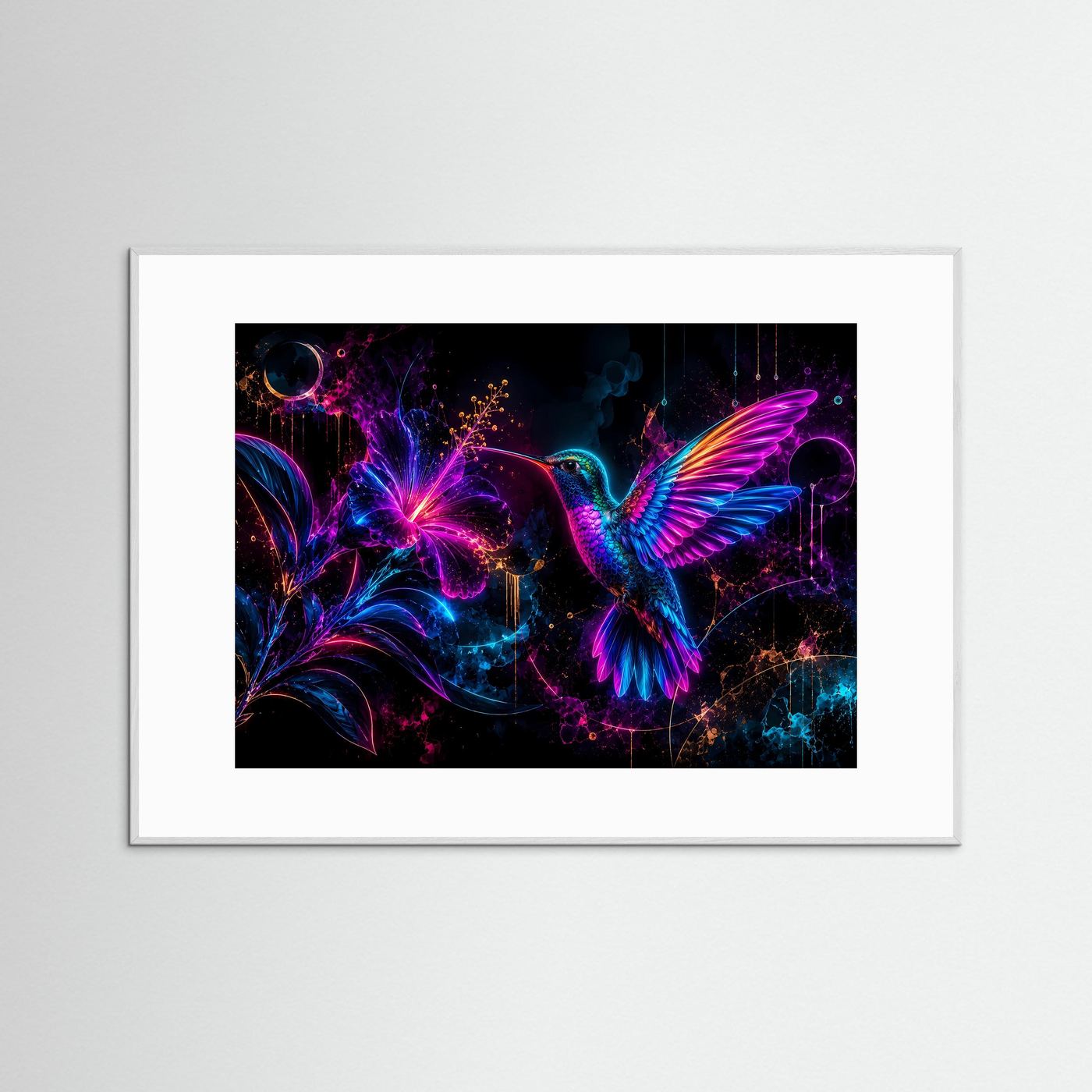 Neon-Kolibri mit Blüte | Futuristische Wandkunst in Pink, Blau & Violett