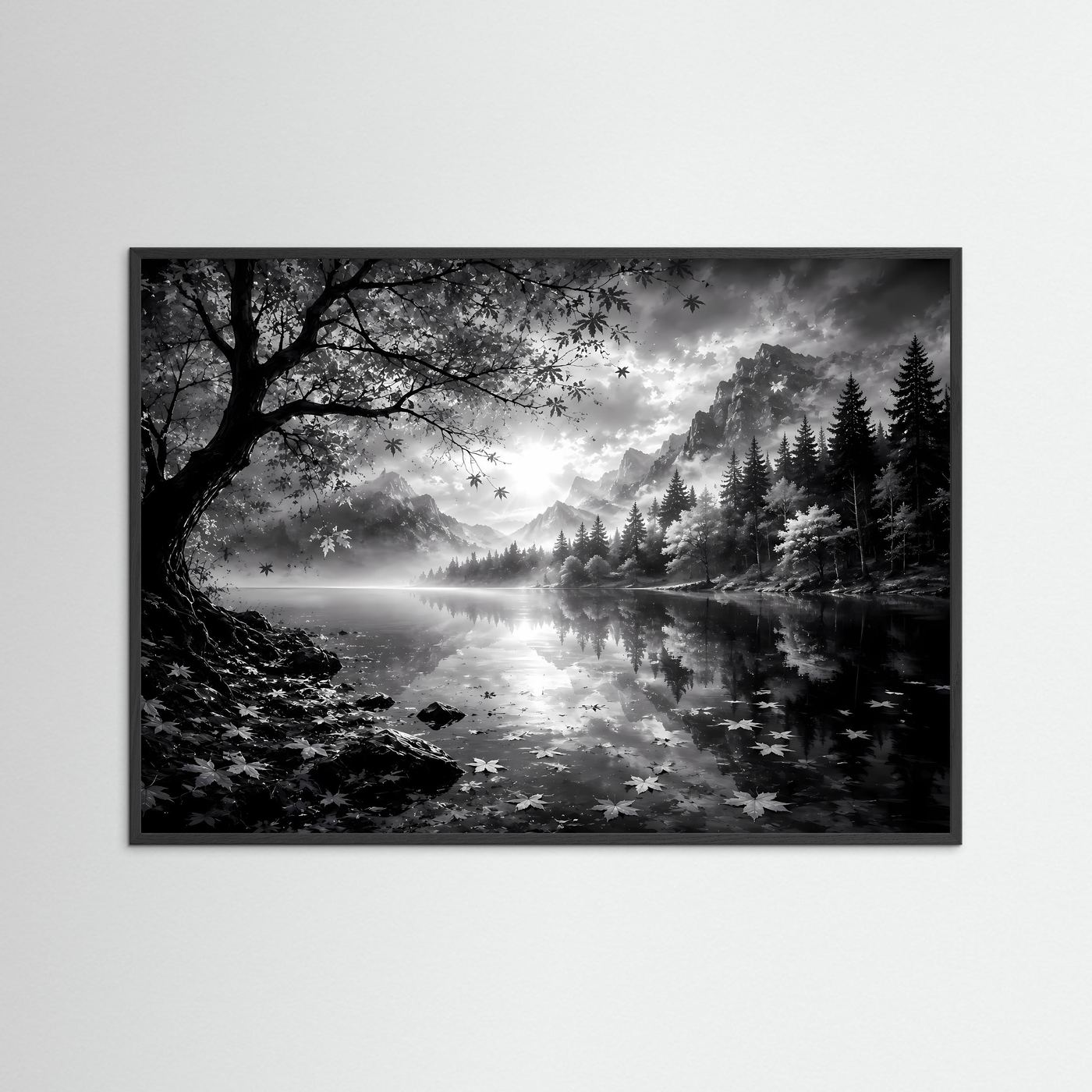 Schwarz Weiß Landschaft Poster | Bergsee Wandbild | Nebel Berge Natur | Monochrome Wandkunst | Moderner Fine Art Print