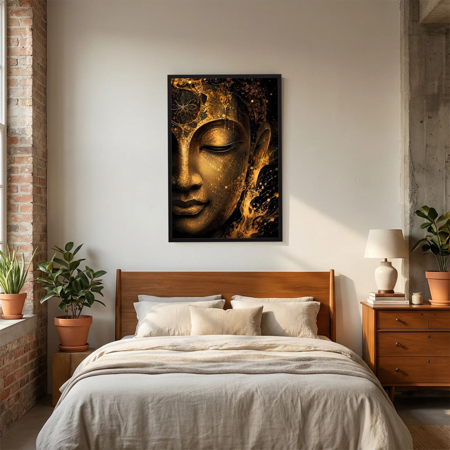 Abstraktes Buddha-Gesicht Poster, schwarz-goldener Look, Hochformat mit hellem Holzrahmen