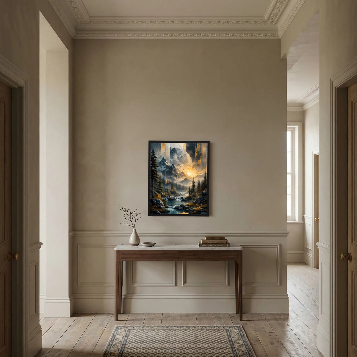 Gerahmtes Wandposter mit Gebirge, Flusslauf und warmem Sonnenaufgang