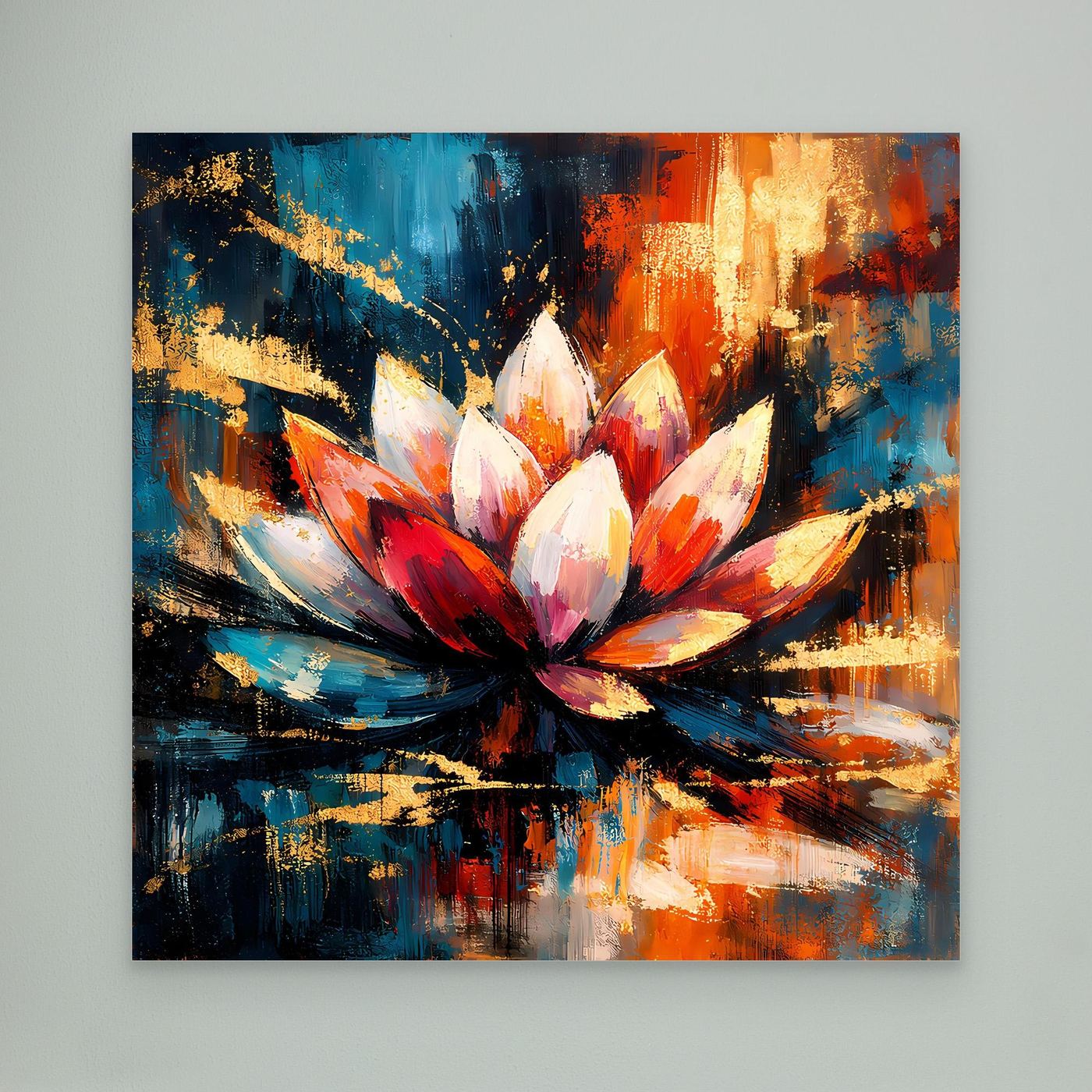 Leinwandbild mit abstrakter Lotusblüte in Blau, Rot und Gold