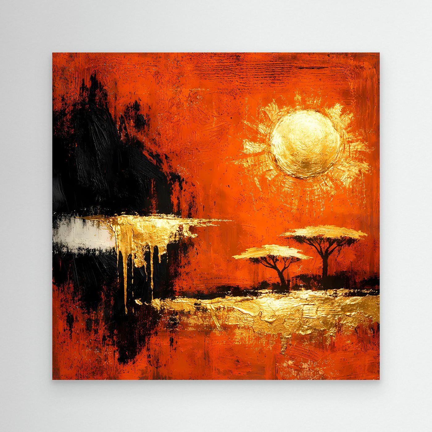 Leinwand Abstrakte Savanne bei Sonnenuntergang | Modernes Afrika Wandbild in Rot und Gold