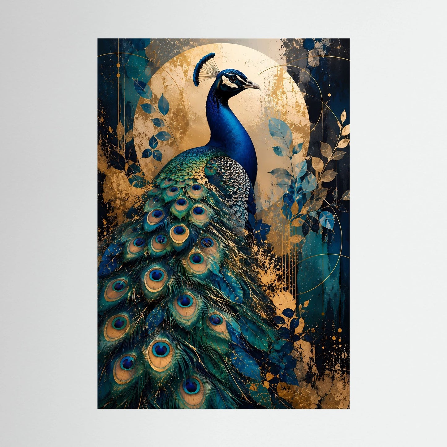 Hochformat-Poster mit Pfau in Blau und Gold, ausdrucksstarke Augenfedern