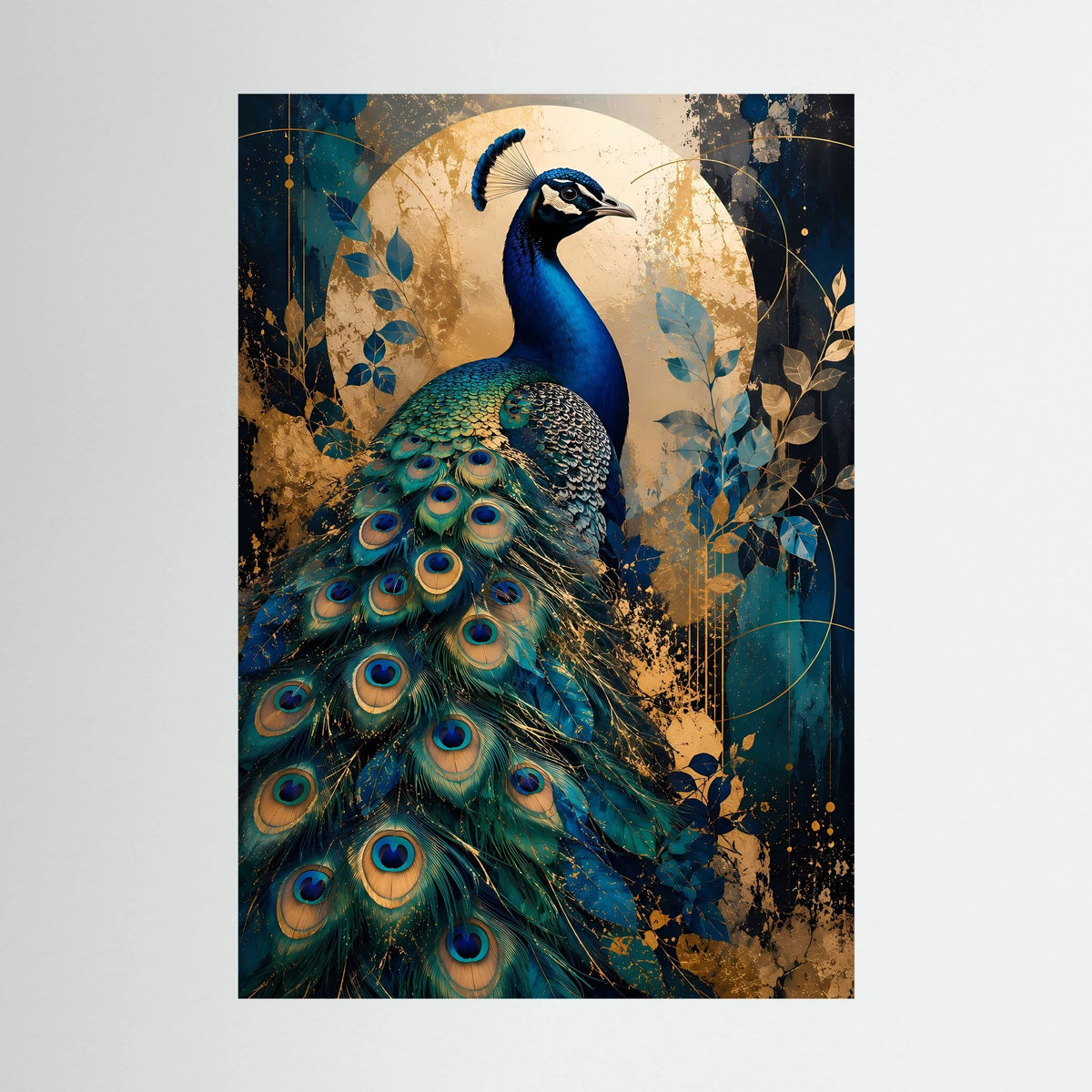Hochformat-Poster mit Pfau in Blau und Gold, ausdrucksstarke Augenfedern
