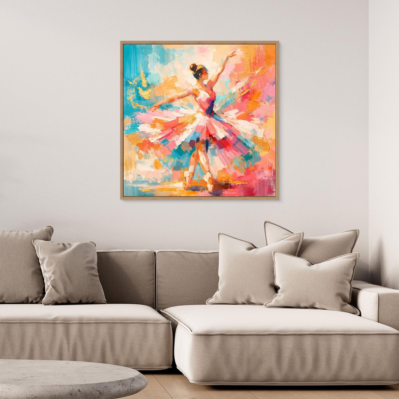Abstraktes Leinwandbild mit Ballerina in bunten Pinselstrichen, Holzrahmen