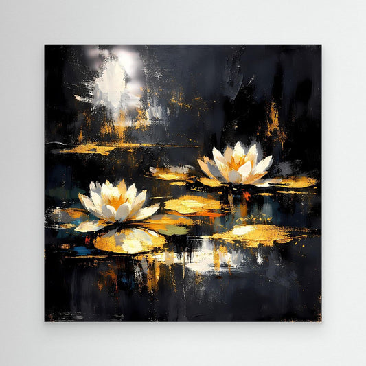 Wandbild mit abstrakten Seerosen auf dunklem Teich, schwarzer Rahmen, goldene Reflexe