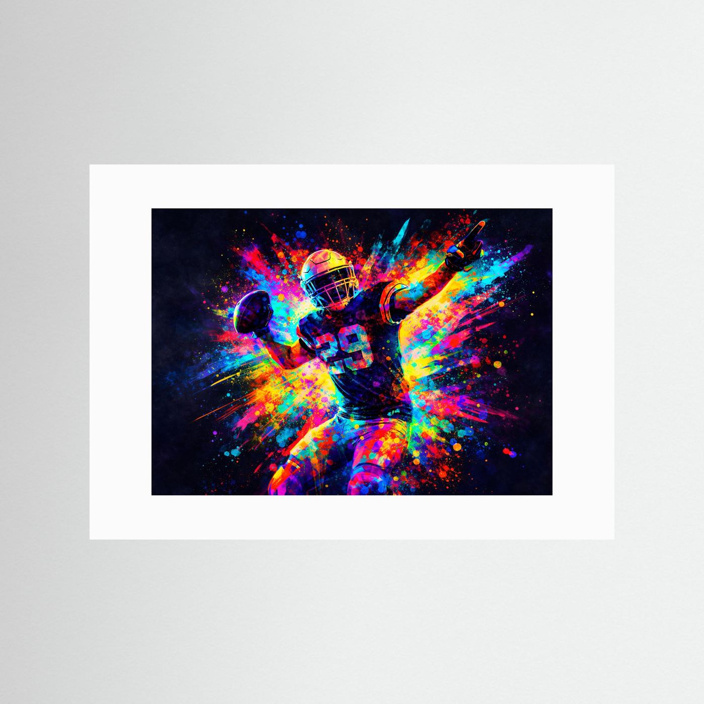 Poster mit Quarterback im Sprung, Neonfarben, ohne Rahmen, mit weißem Rand