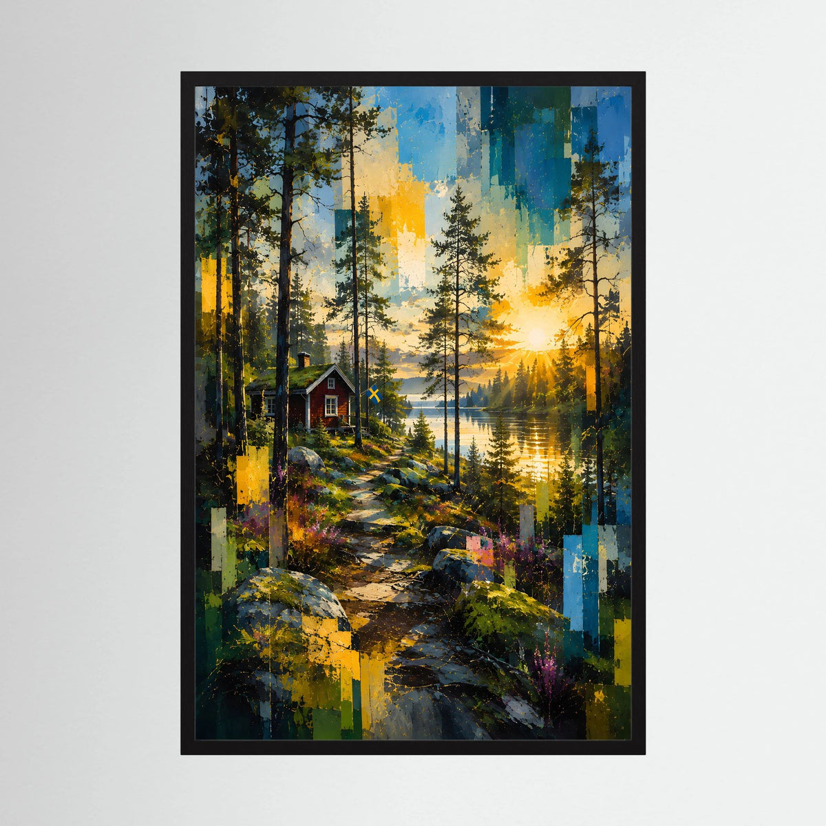 Poster im Hochformat mit gemalter Waldlandschaft, See und kleinem Haus im Sonnenuntergang, schwarz gerahmt