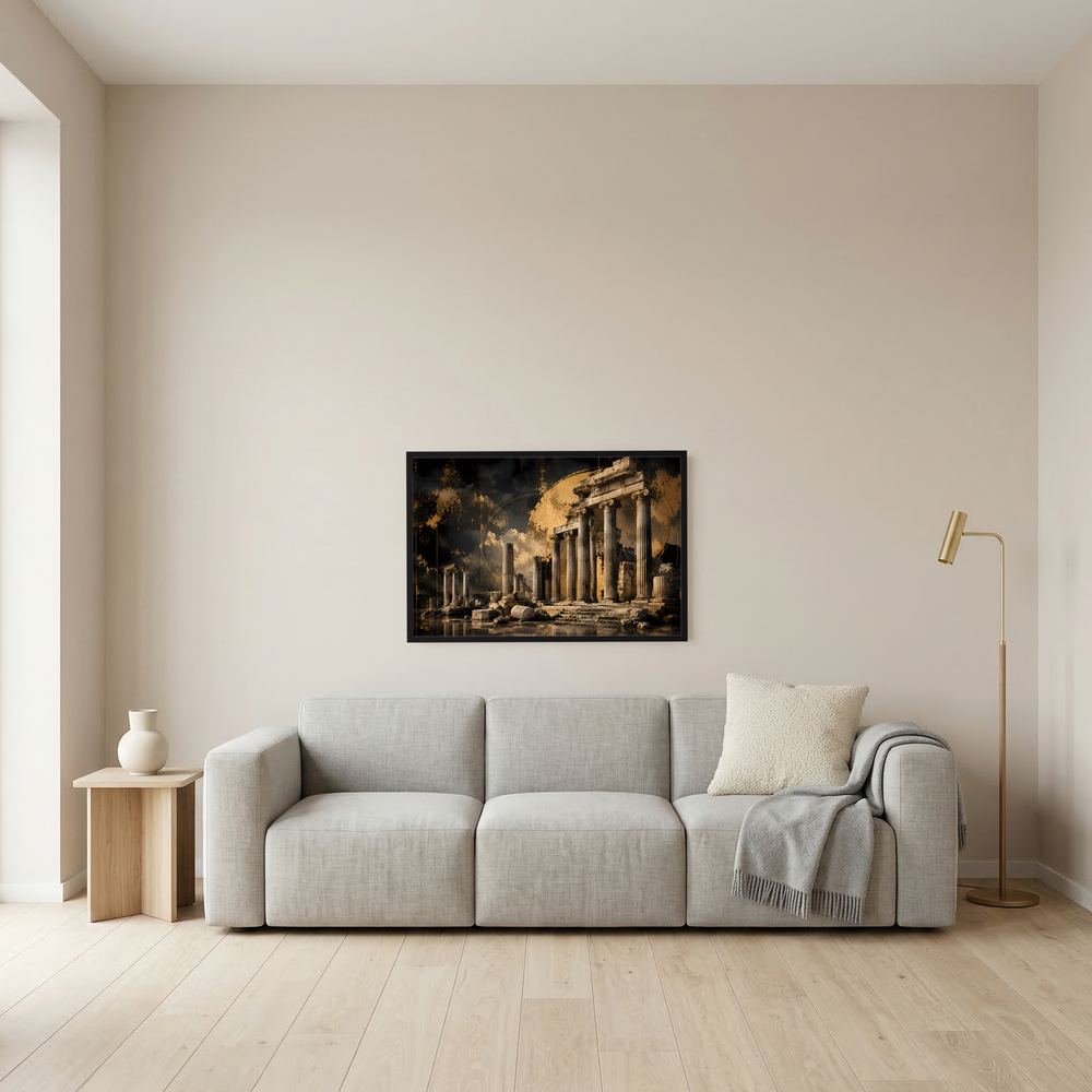 Wandbild im Querformat mit antiken Tempelruinen und goldenen Säulen, schwarzer Rahmen