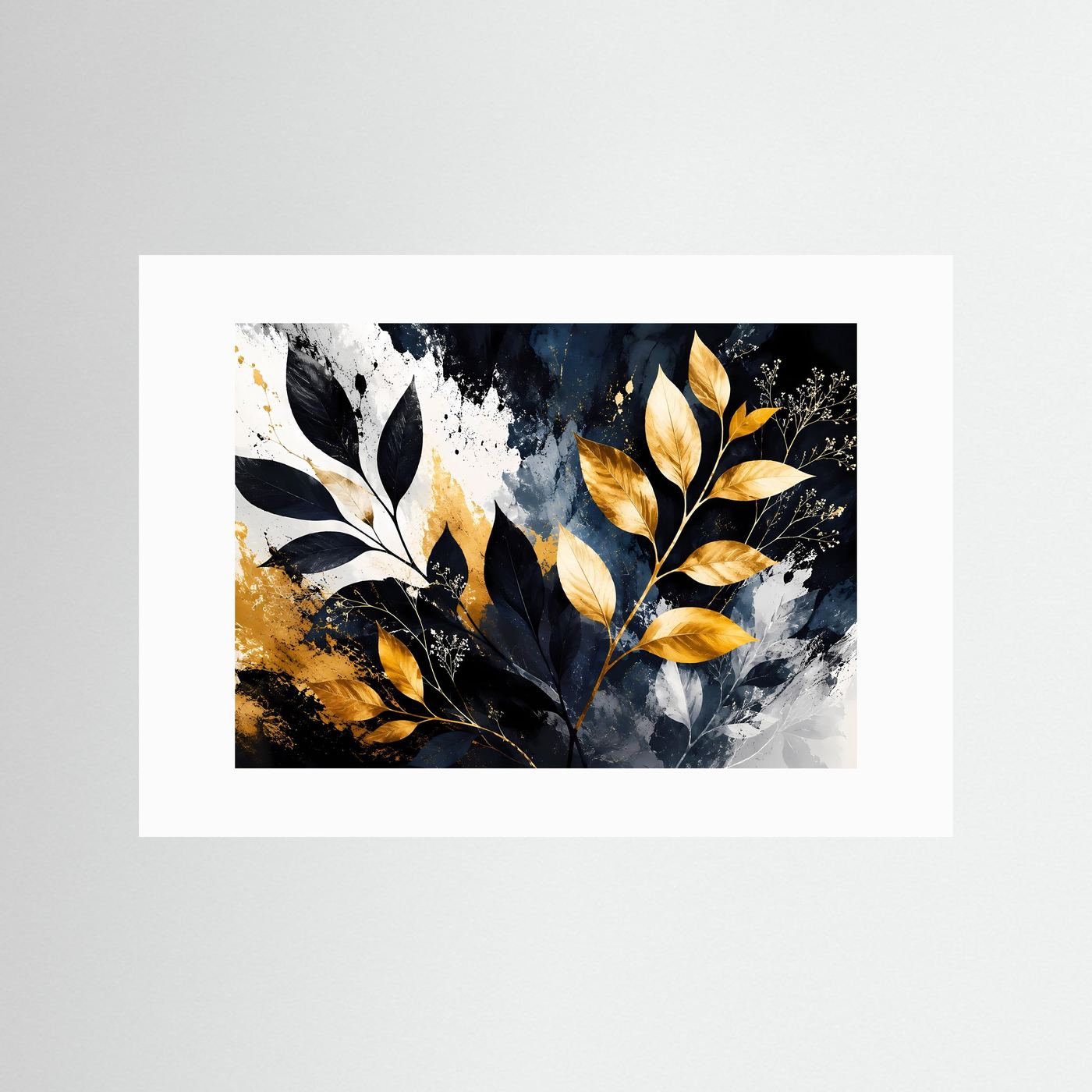 Goldene Botanische Blätter Wandbild | Schwarz Weiß Gold Pflanzen Kunst | Moderne Botanical Wall Art | Luxus Leinwand Poster | Elegante Natur Deko