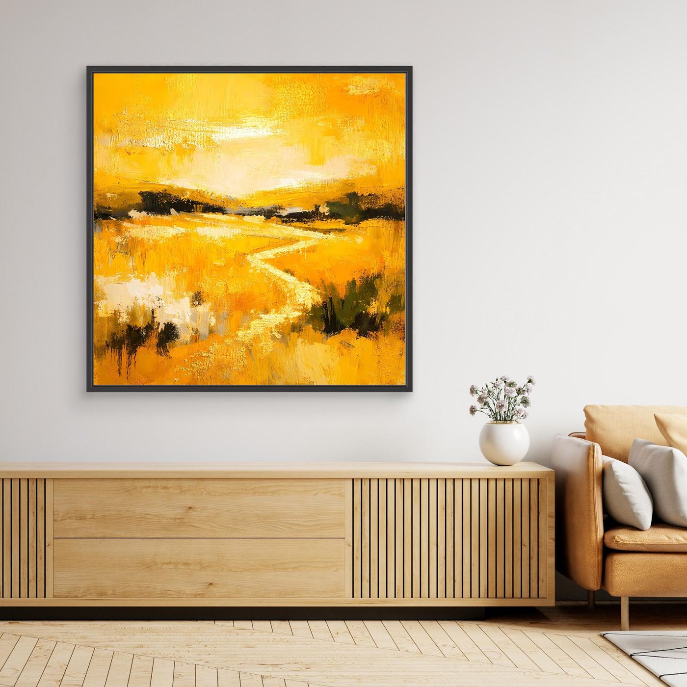 Leinwand Abstraktes Landschaftsgemälde in Gelb und Gold | Modernes Natur Wandbild mit Fluss
