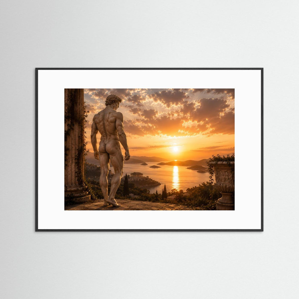 Poster im Querformat mit antiker männlicher Statue, schwarzer Rahmen und Passepartout