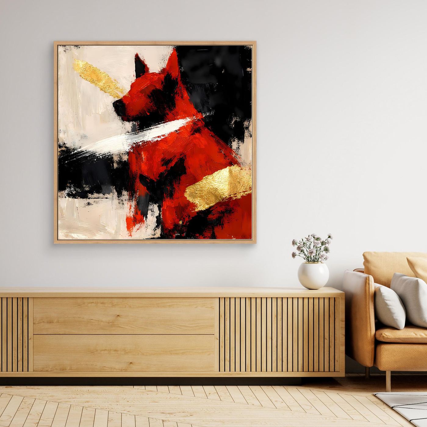 Abstraktes Hundewandbild in Rot und Gold mit hellem Holzrahmen auf Leinwand