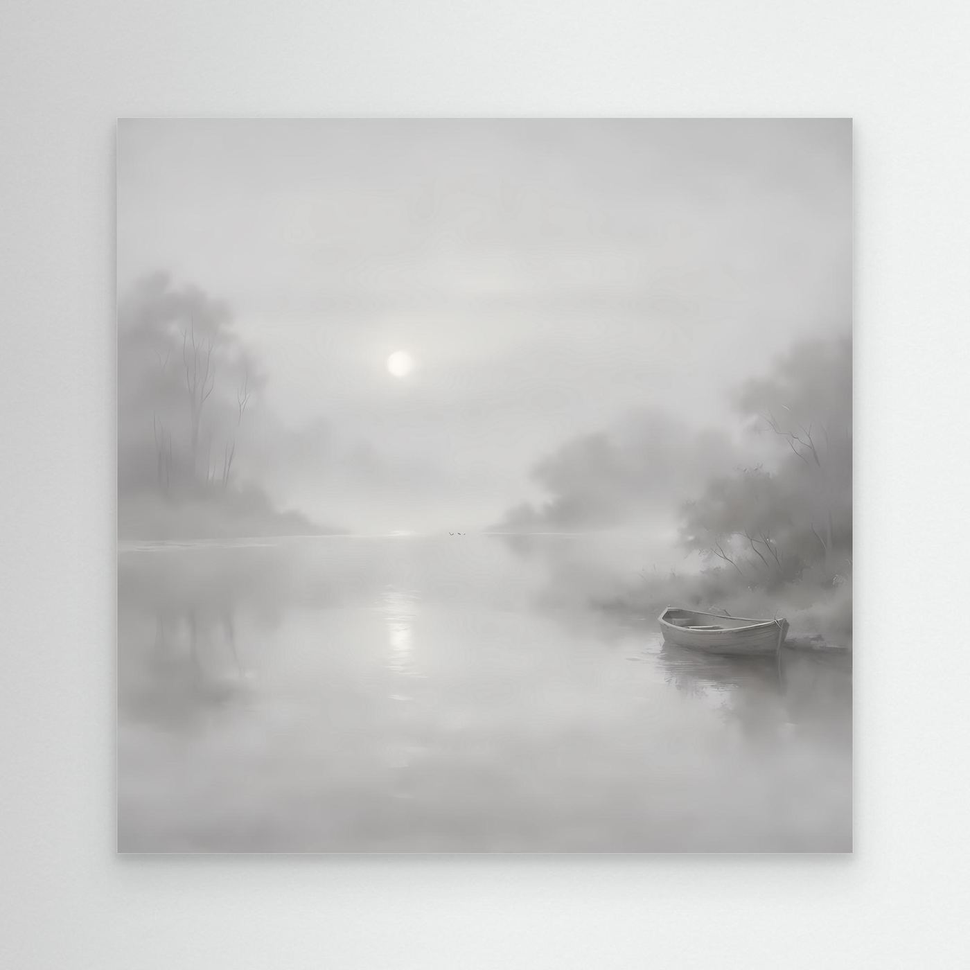 Leinwandbild mit nebligem Flussmotiv in Grau, quadratisch, ohne Rahmen