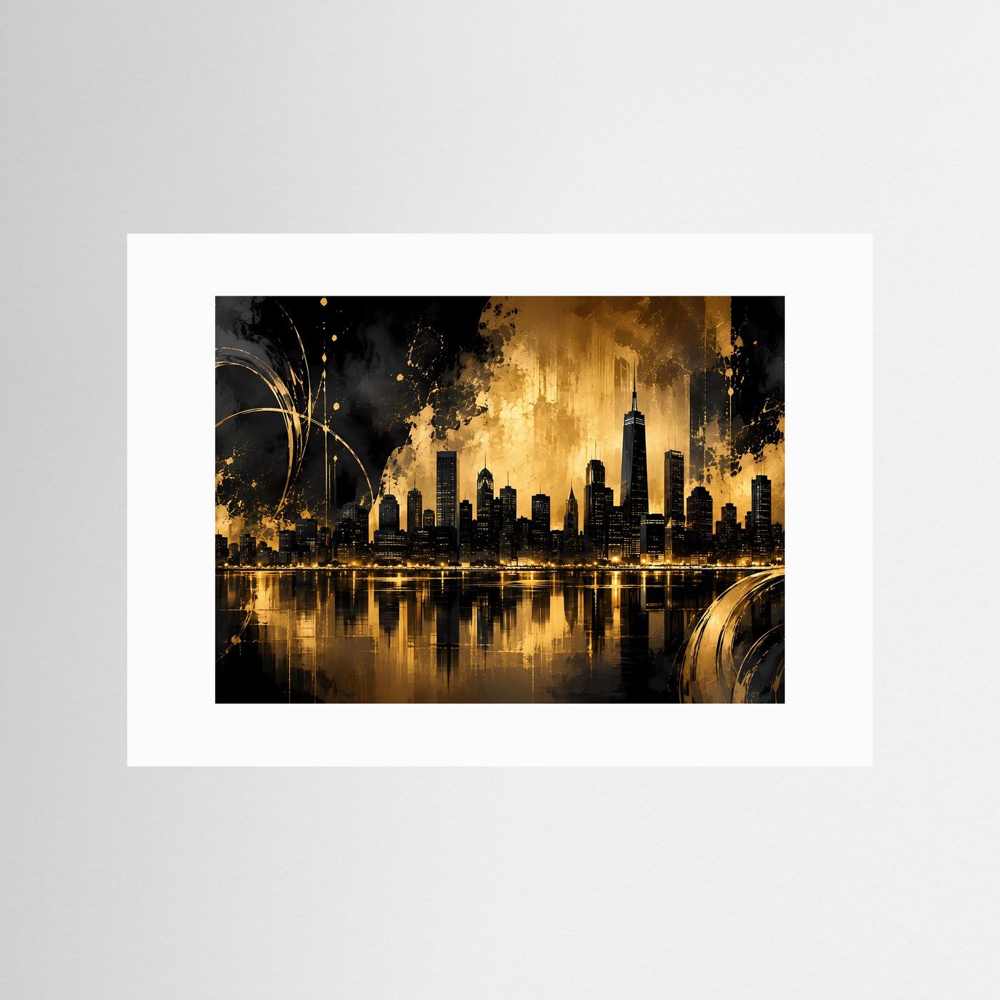 Goldene Skyline bei Nacht | Abstrakte Metropole in Schwarz und Gold mit leuchtender Spiegelung | Luxuriöse moderne City-Wandkunst im Querformat