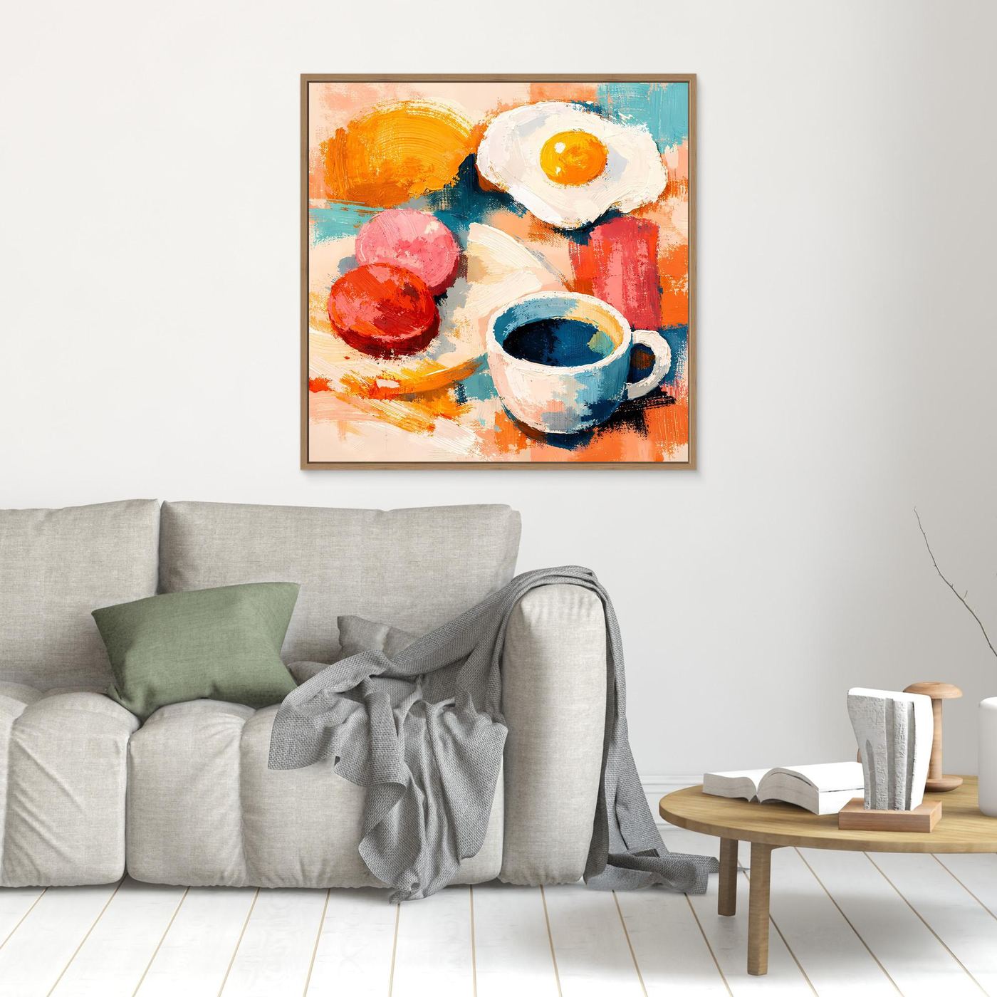 Kleines gerahmtes abstraktes Wandbild mit Spiegelei und Kaffee-Tasse, Rahmen in hellem Braunton