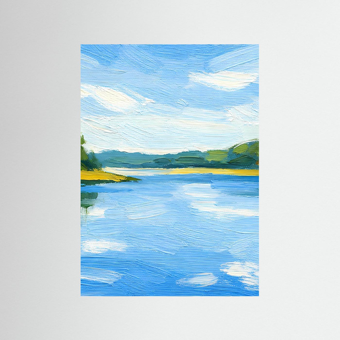 Wandbild mit Flusslandschaft im Sommer, blaues Wasser, Himmel mit Wolken