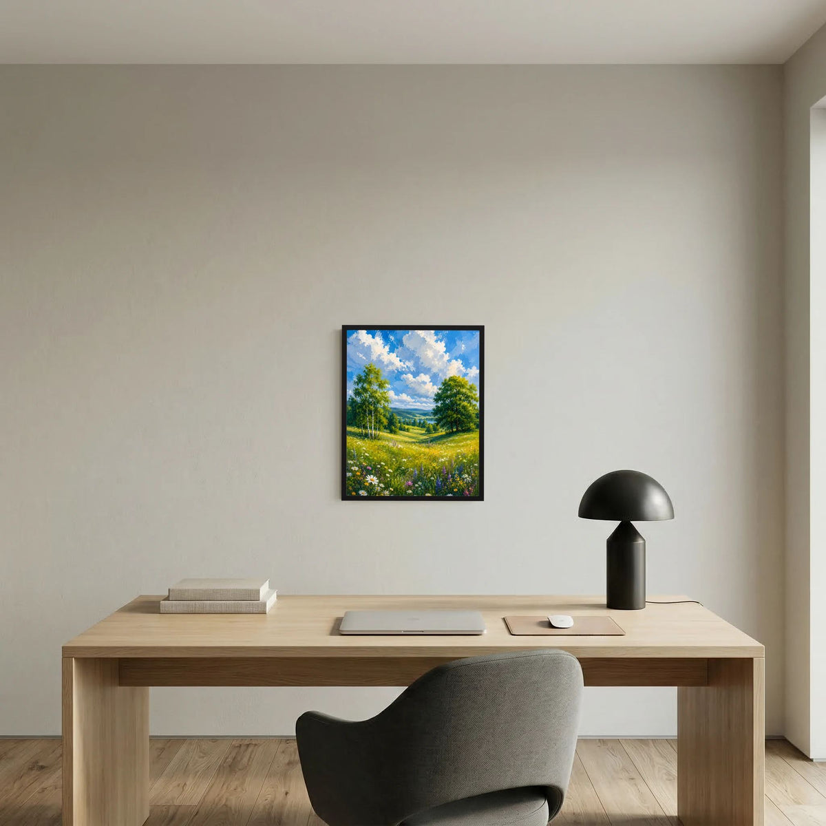 Dunkel gerahmtes Kunstposter mit grüner Wiesenlandschaft, Blumen und blauem Himmel