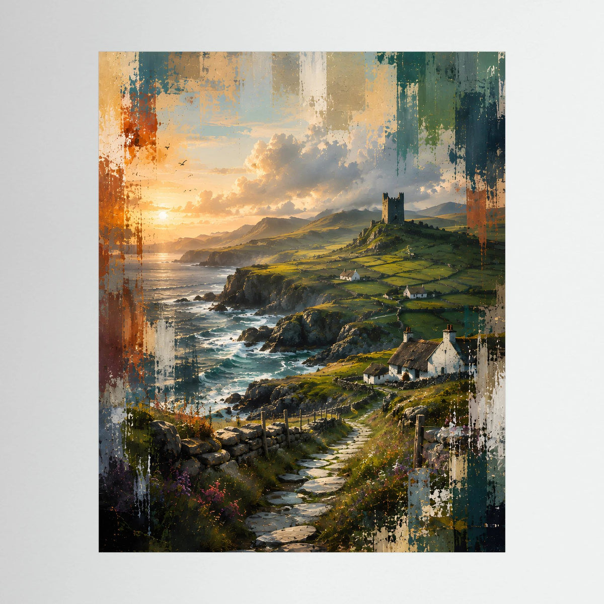 Landschaftsposter im Hochformat mit grünen Klippen, Burgturm, Küstenweg und Meer