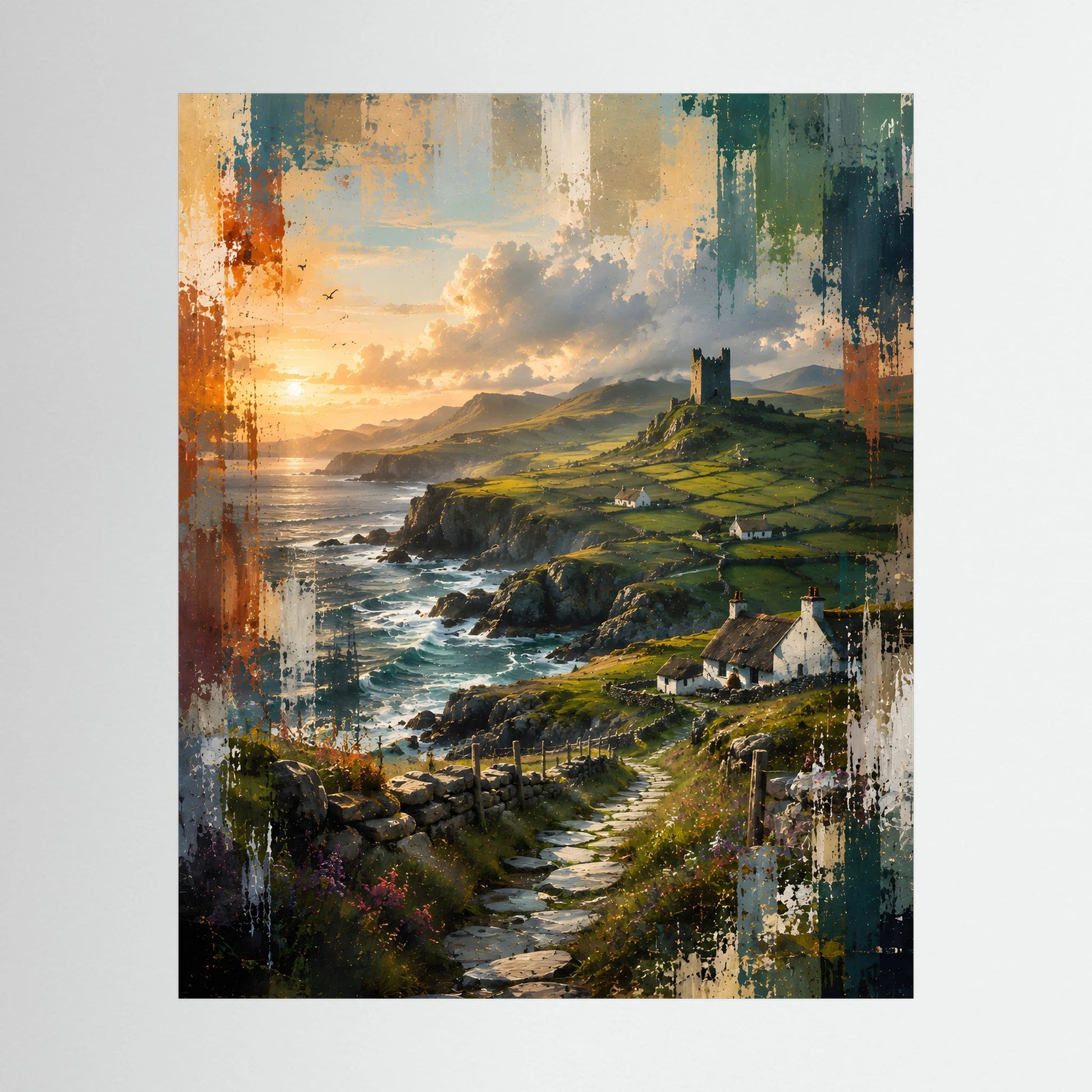 Landschaftsposter im Hochformat mit grünen Klippen, Burgturm, Küstenweg und Meer