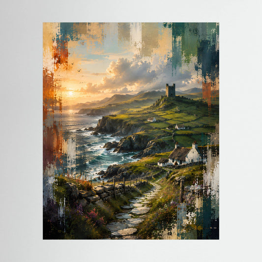 Landschaftsposter im Hochformat mit grünen Klippen, Burgturm, Küstenweg und Meer