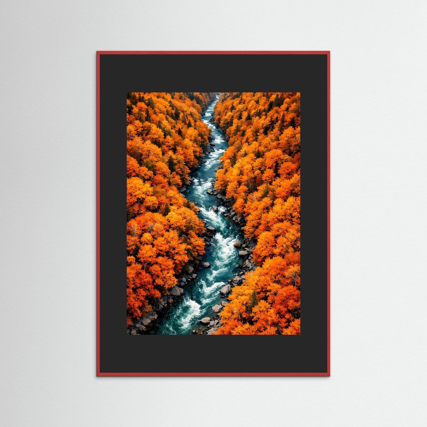 Herbstwald-Wandbild mit Fluss im Rahmen, schwarzes Passepartout, roter Außenrahmen