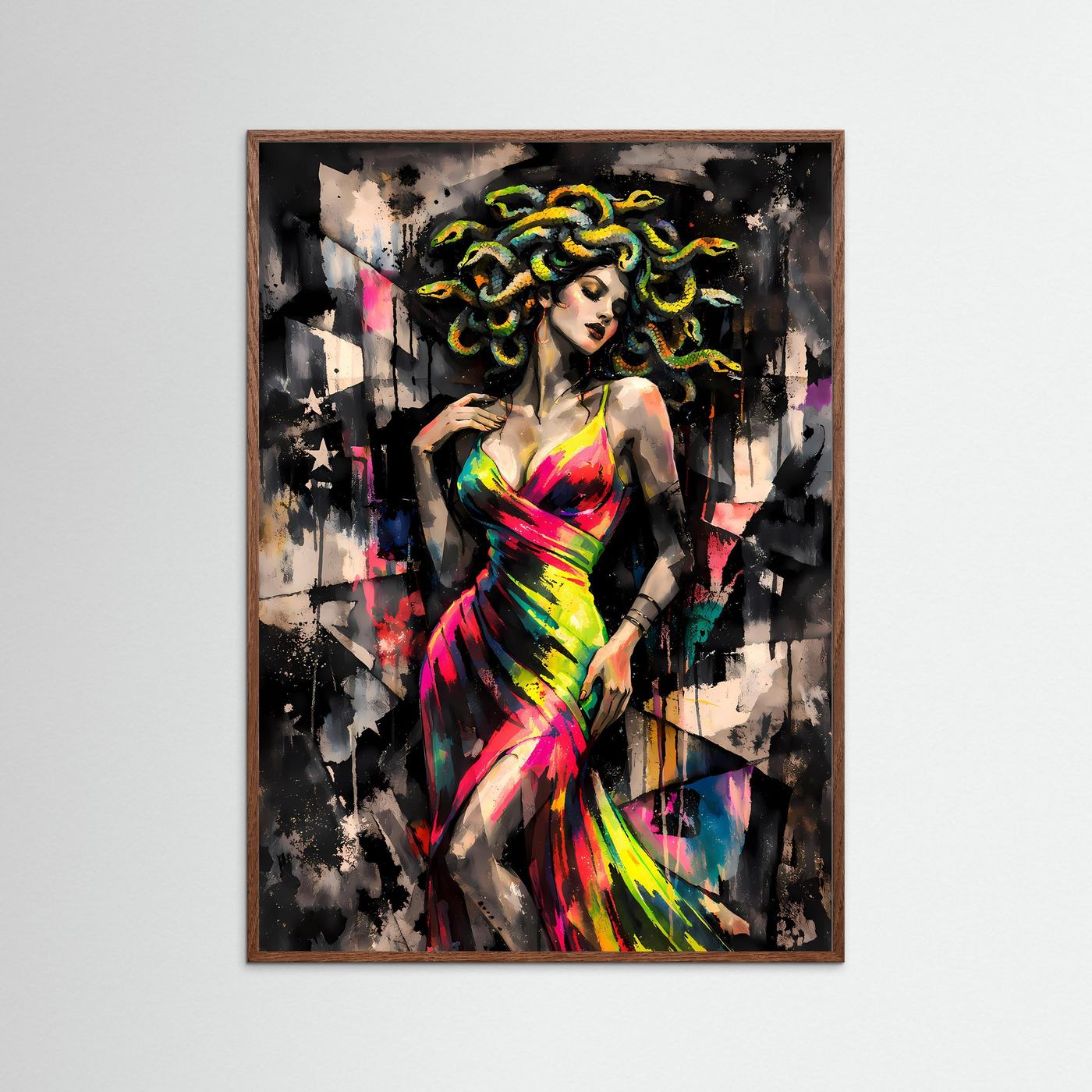 The Elegant Medusa | Luxuriöses Mythologie Poster Bunt & Dunkel | Abstraktes Medusa Kleid Kunstposter Hochformat