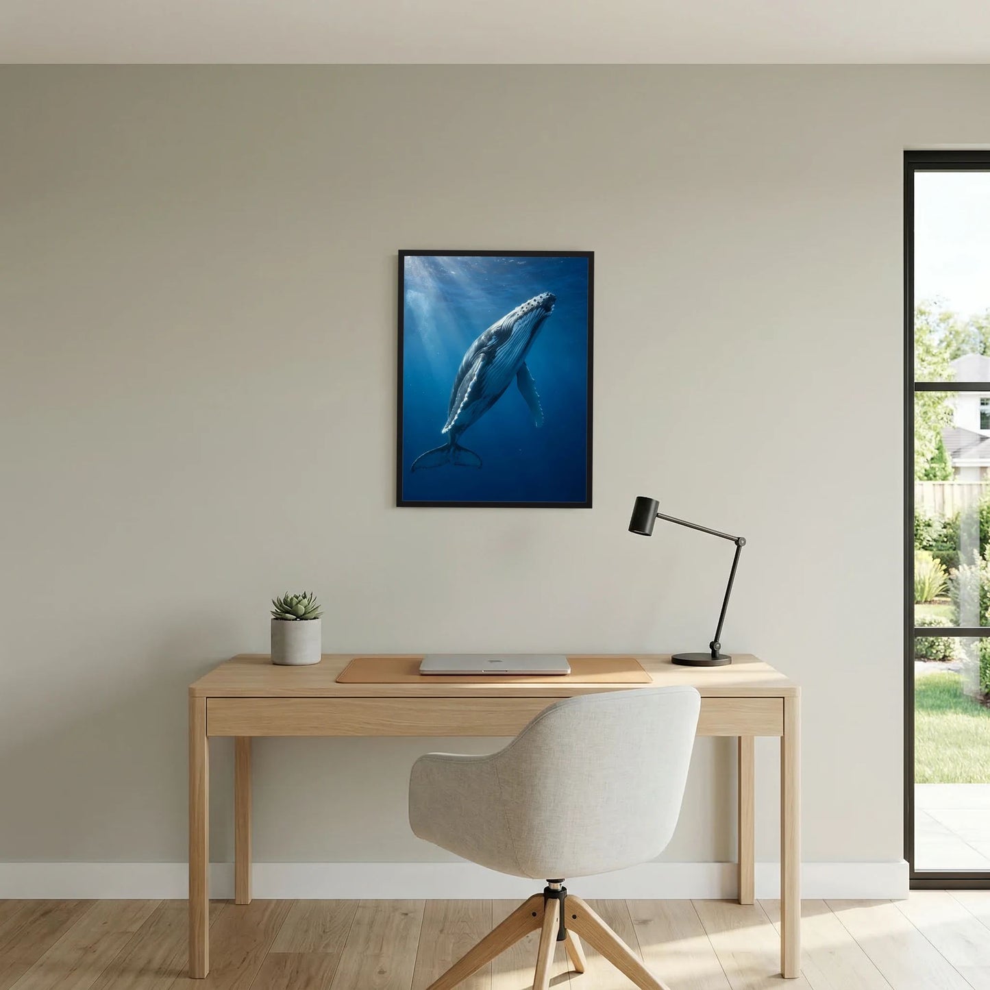 Wandposter mit Buckelwal unter Wasser im schwarzen Rahmen