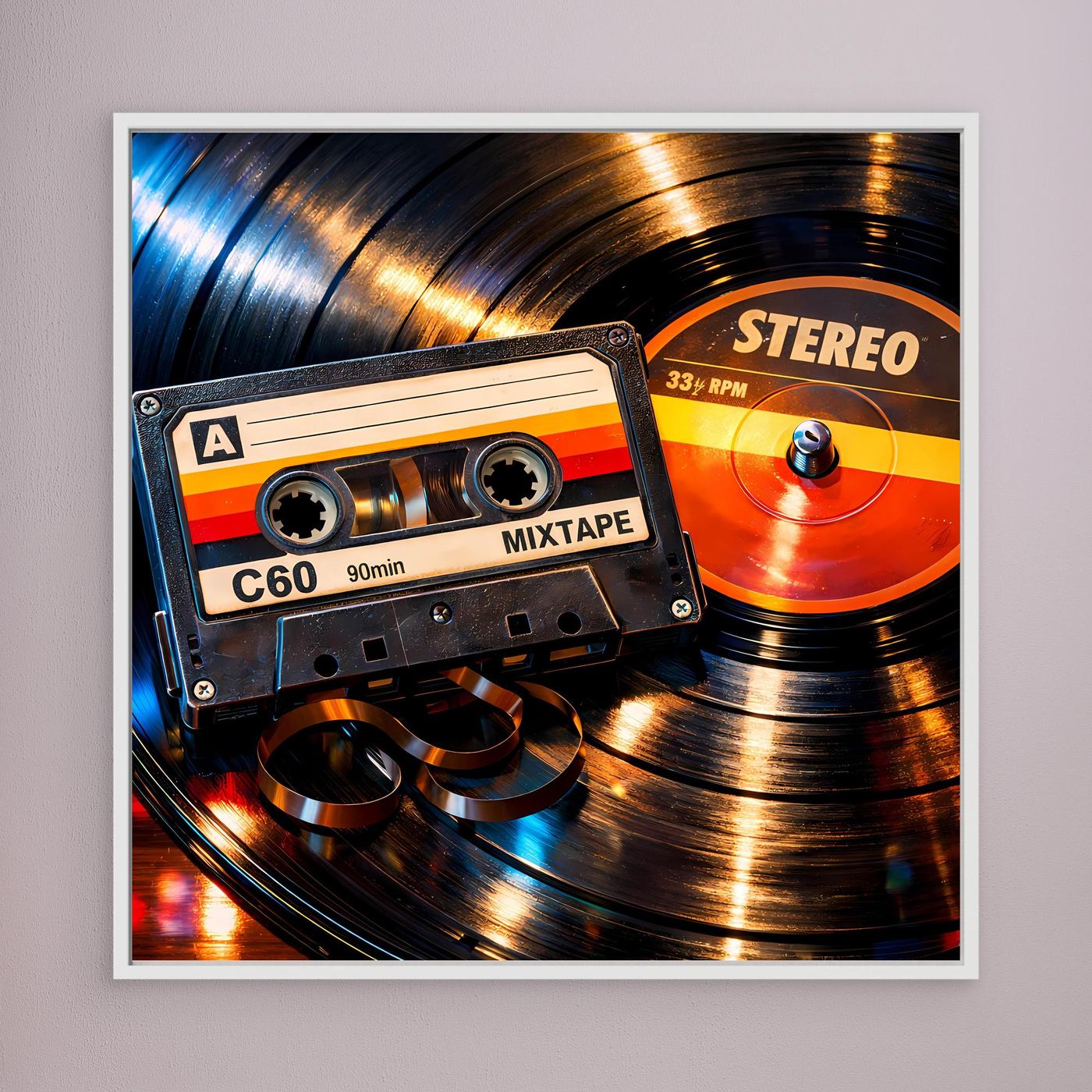 Gerahmtes Leinwandbild mit Schallplatte und Mixtape im Retro-Look, weißer Rahmen.