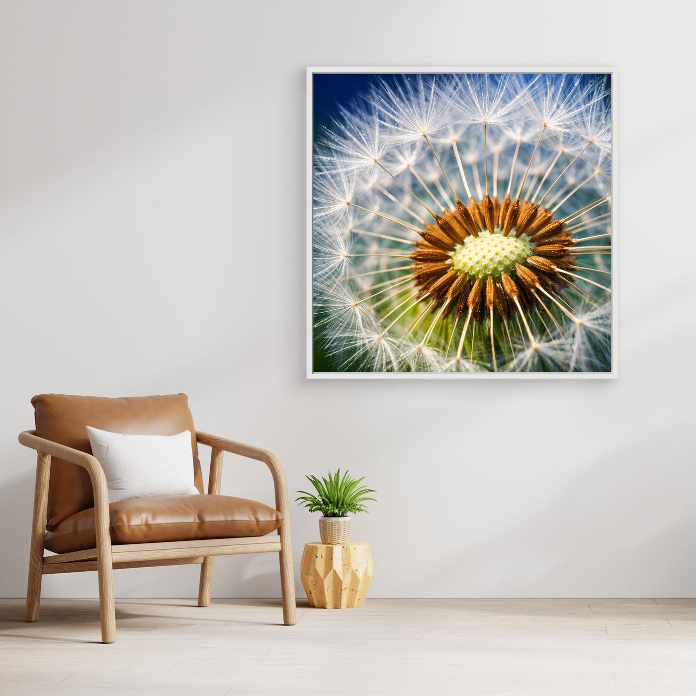 Gerahmtes Leinwandbild mit Pusteblume im Makro, braunes Korn und feine weiße Fäden