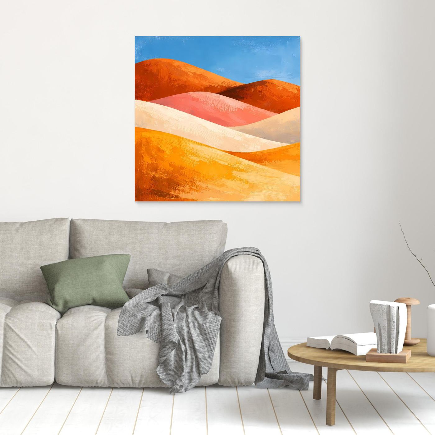 Abstraktes Wandbild auf Leinwand mit Dünen in Orange und Rosa, hell gerahmt